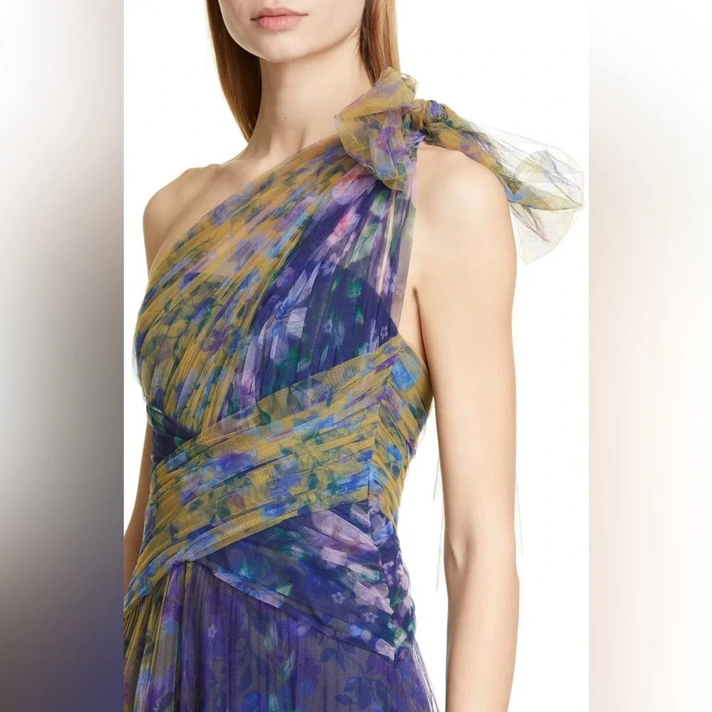 NWT MARCHESA NOTTE One-Shoulder Bow-Detail Tulle Gown In Navy. Size 12